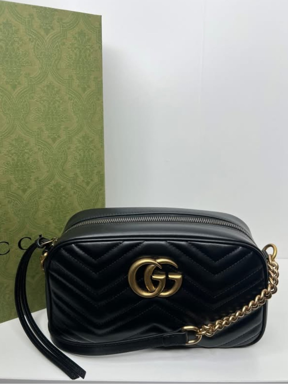 Gucci Black Quilted GG Marmont Camera Crossbody w COA, Dustbag, Box